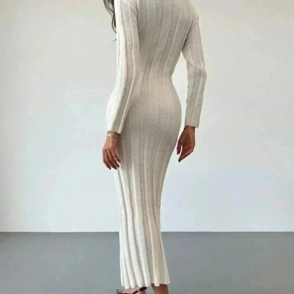 Beige Elegant Women's Crew Neck Long Warm & Comfortable Knit Casual Dress - Picture 3 of 7